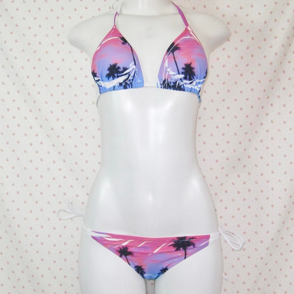 y2k pink purple sunset palm tree print bikini set
